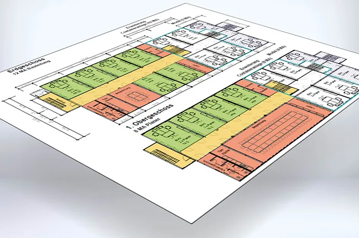 Farblich unterlegter Gebäudegrundriss zur Darstellung des Personalaufkommens in verschiedenen Bereichen