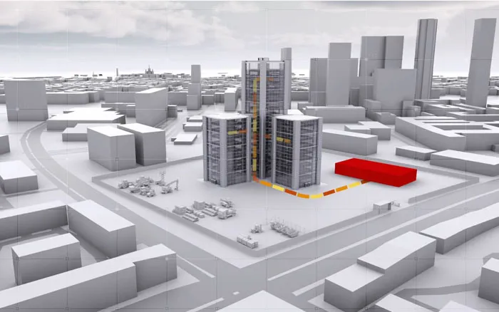 3D-Modell einer urbanen Baustelle mit Hochhäusern, Baustellenlogistik und markierter Last-Mile-Zone