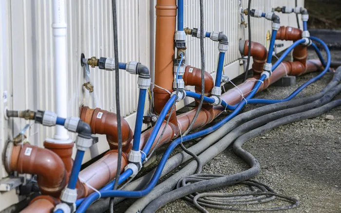 Detailansicht temporärer Wasser- und Abwasseranschlüsse an einer Containeranlage