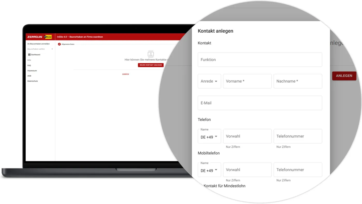 InSite Bauvorhaben anmelden - Kontakt anlegen