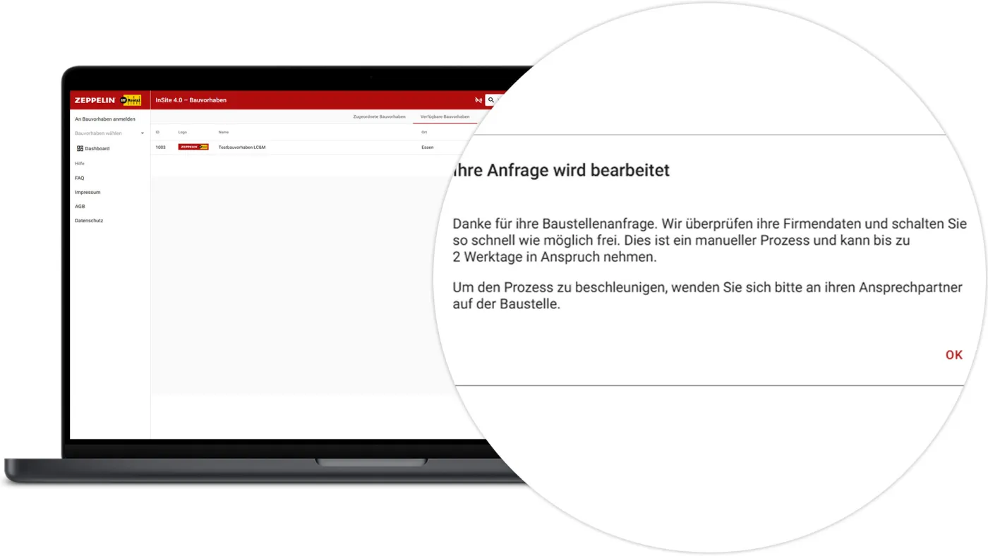 InSite Bauvorhaben anmelden - Anfrage wird bearbeitet