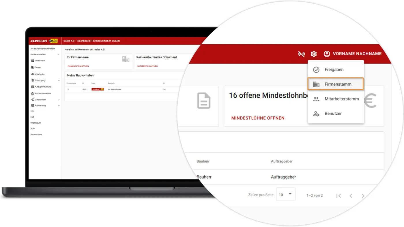 InSite Nachunternehmer anlegen - Firmenstamm