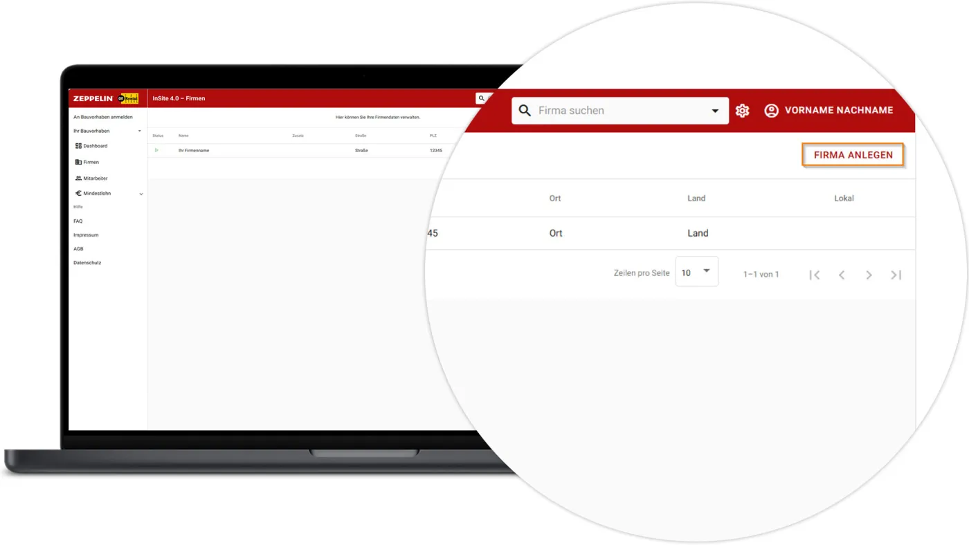 InSite Nachunternehmen anlegen - Firma anlegen