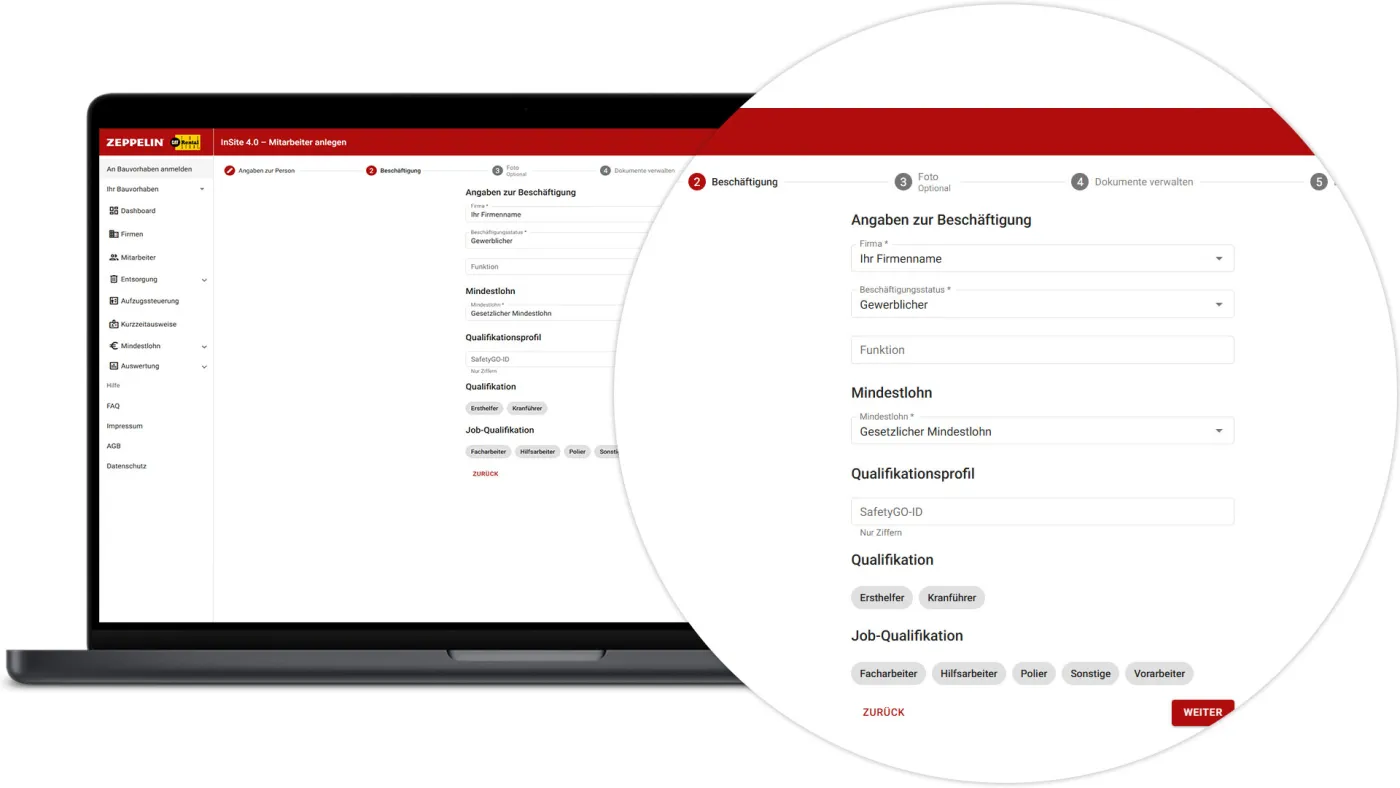 Mitarbeiter Anlegen - Beschäftigung