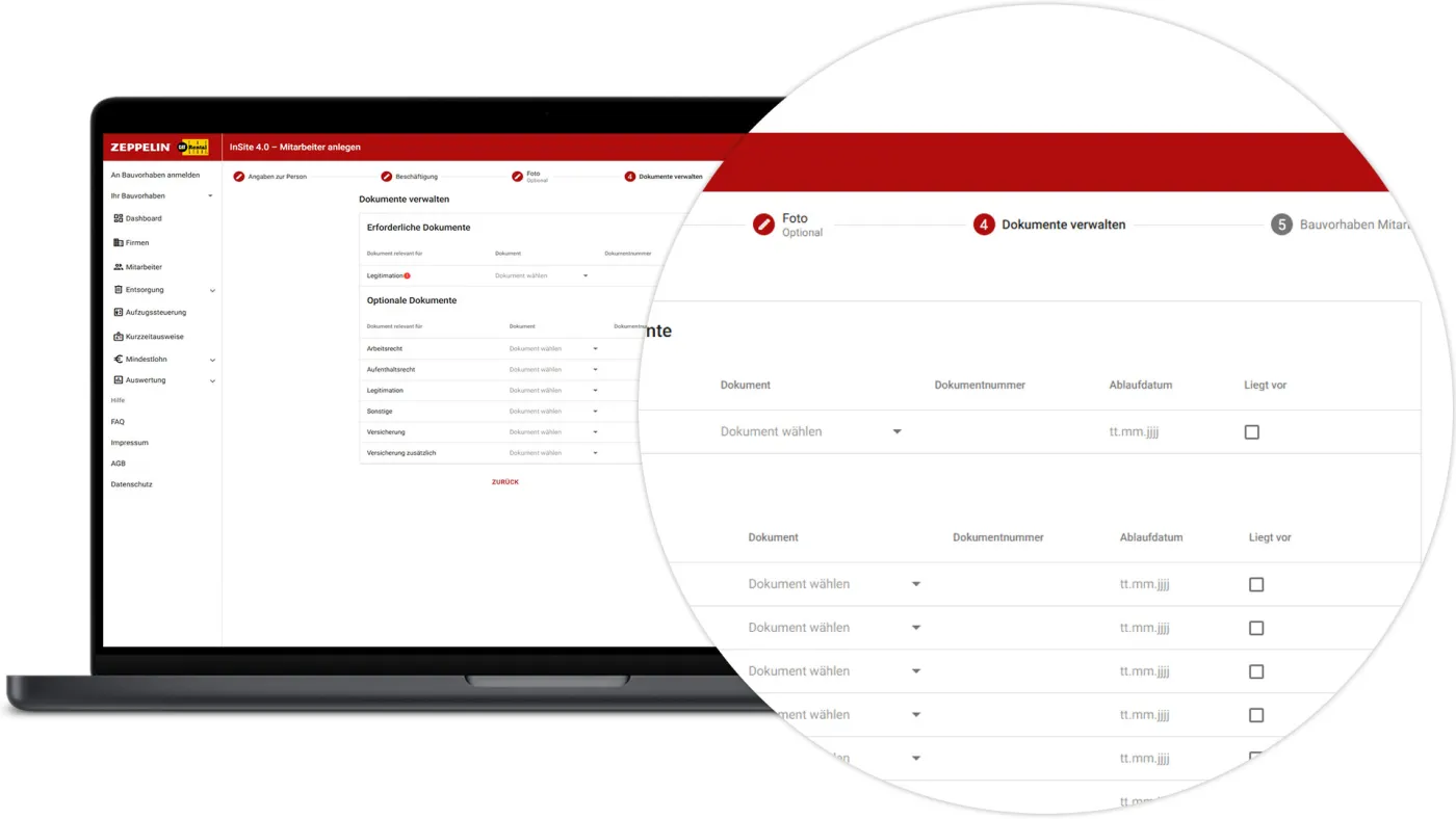InSite - Mitarbeiter anlegen - Dokumente verwalten