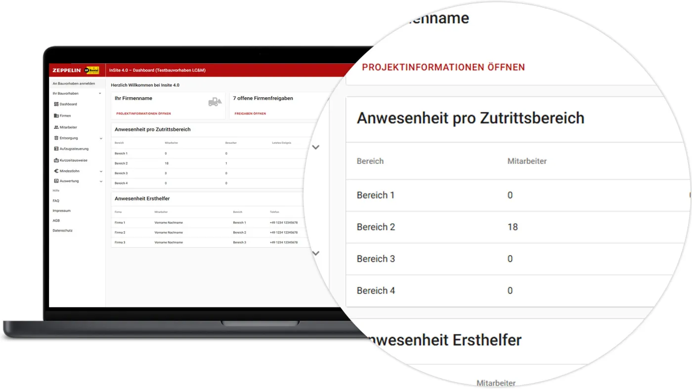 InSite Baustellen Admin - Anwesenheit pro Zutrittsbereich