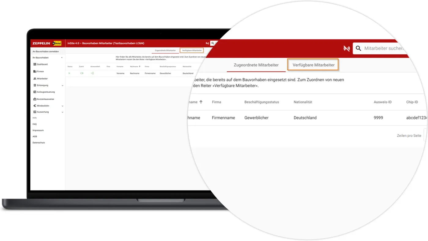 InSite Mitarbeiter am Bauvorhaben anmelden - Verfügbare Mitarbeiter