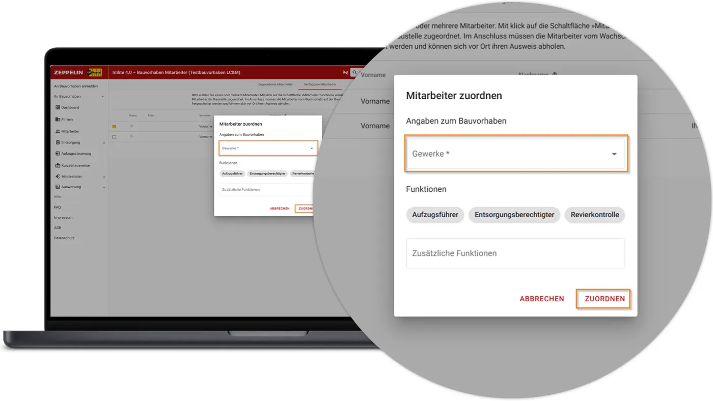 InSite Mitarbeiter am Bauvorhaben anmelden - Mitarbeiter zuordnen