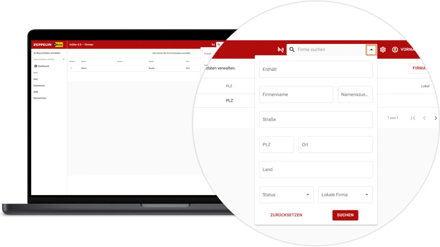 InSite Zentraler Firmenstamm - Suchfilter