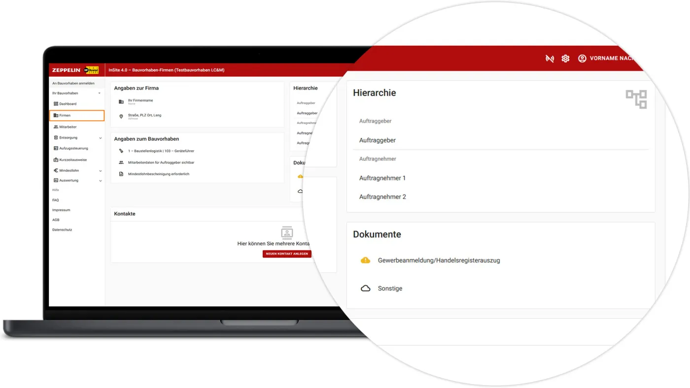 InSite Bauvorhaben Firmen - Hierarchie