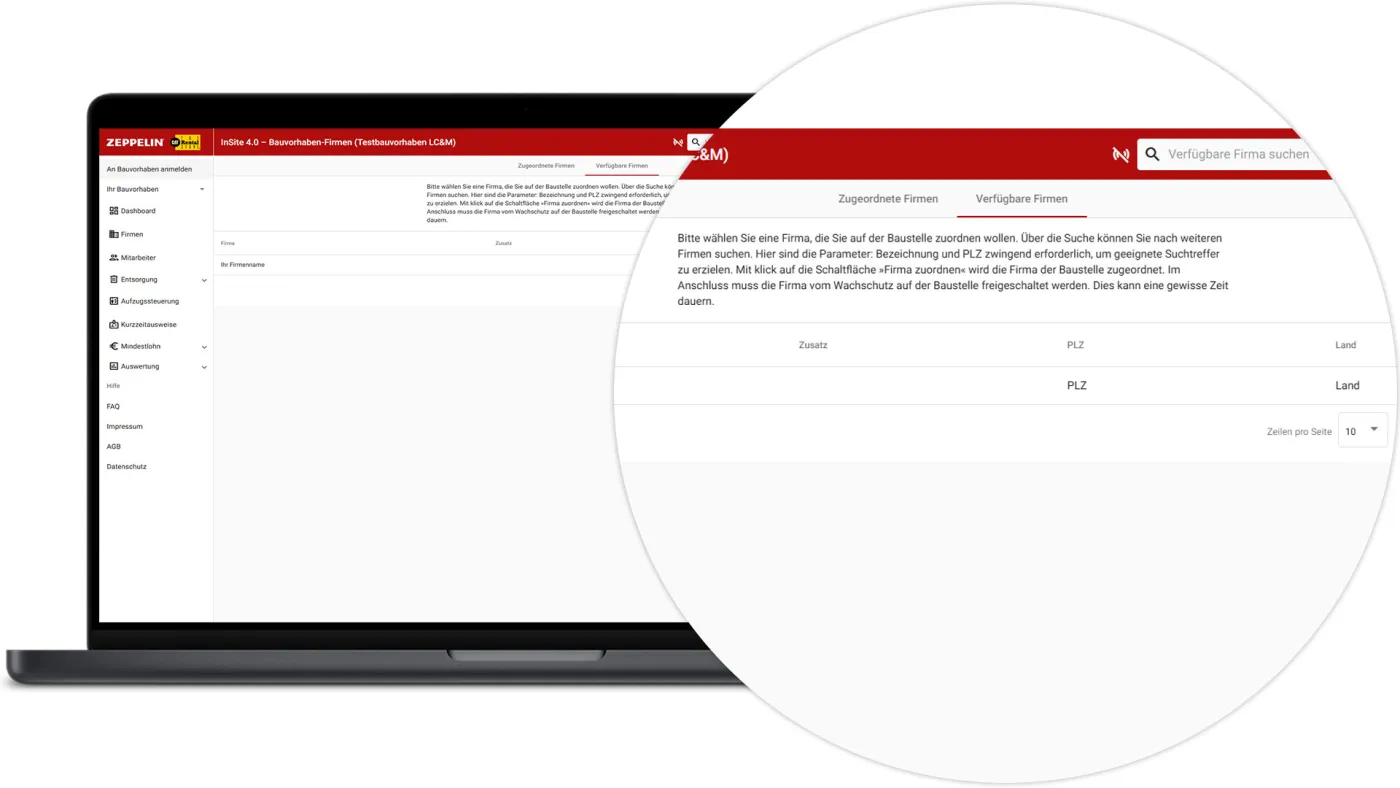 InSite Bauvorhaben Firmen - Verfügbare Firmen
