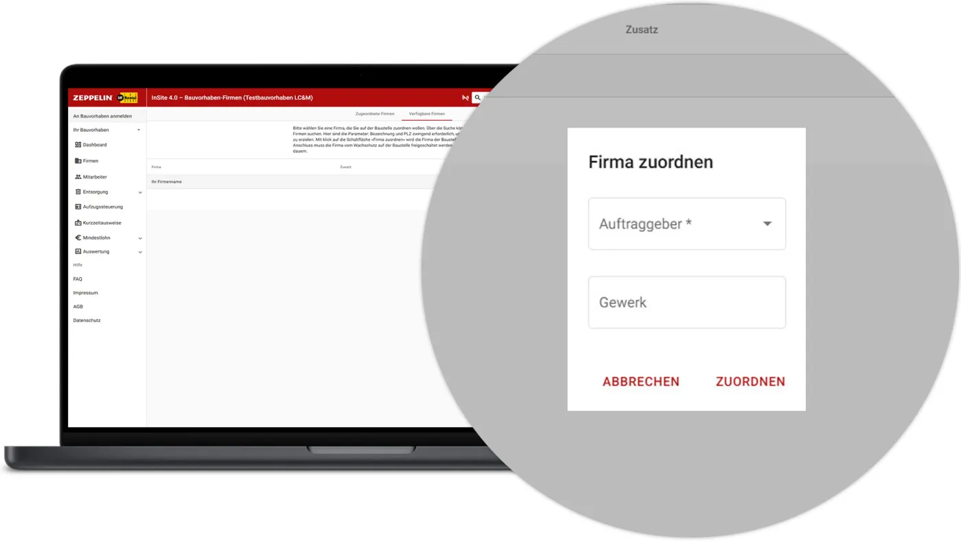 InSite Bauvorhaben Firmen - Firma zuordnen