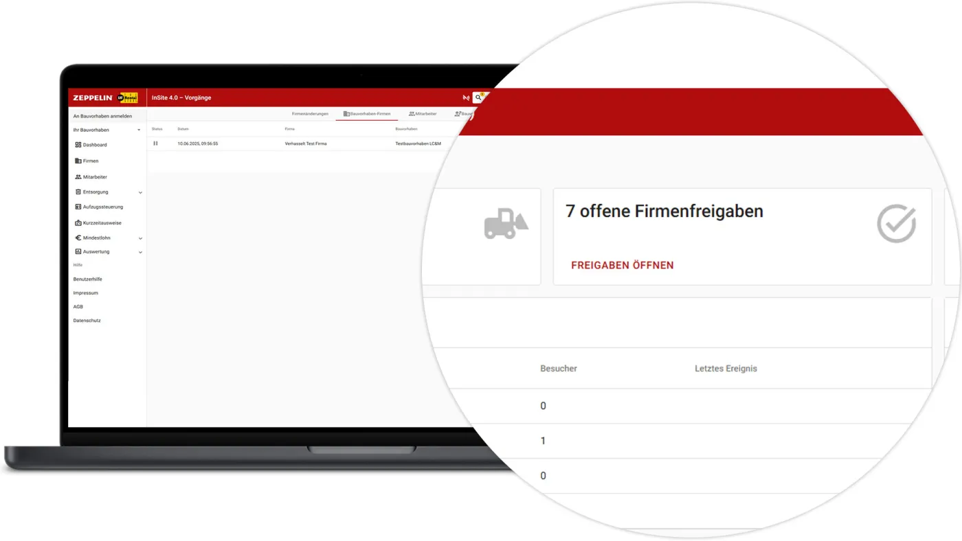 InSite Bauvorhaben Firmen - Freigaben Übersicht