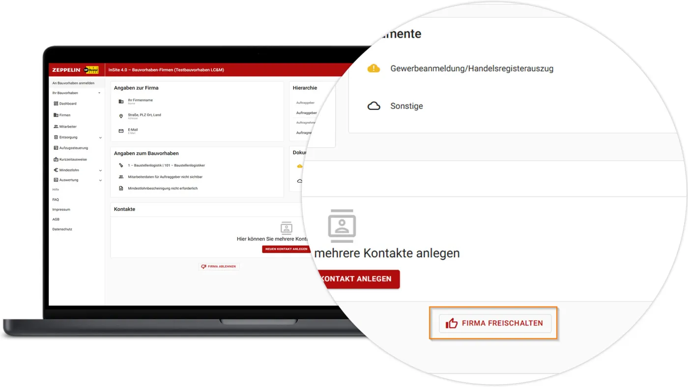 InSite Bauvorhaben Firmen - Freischalten klicken