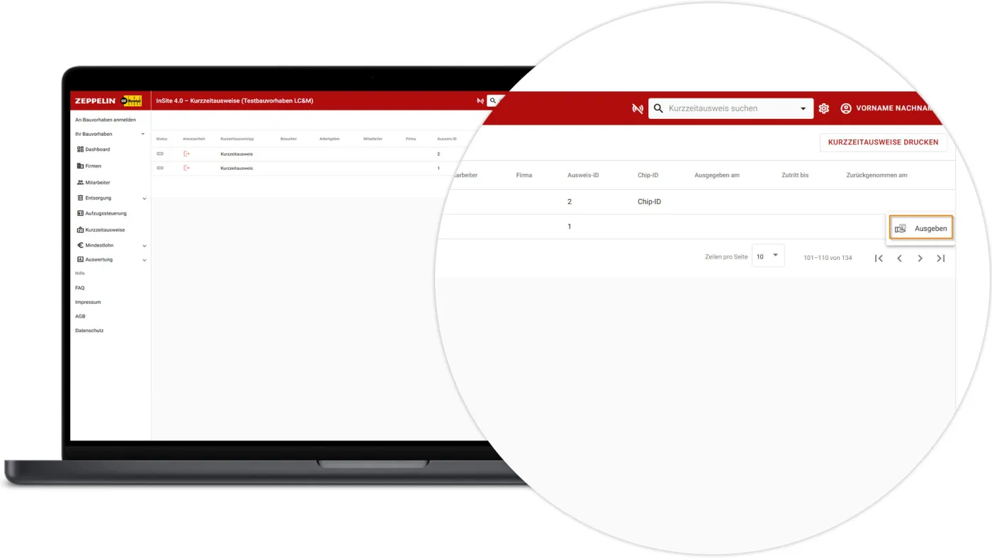 InSite Kurzzeitausweise - Ausgeben