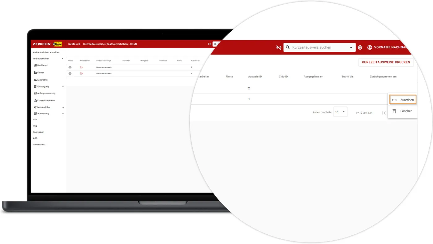InSite Kurzzeitausweise - Zuordnen