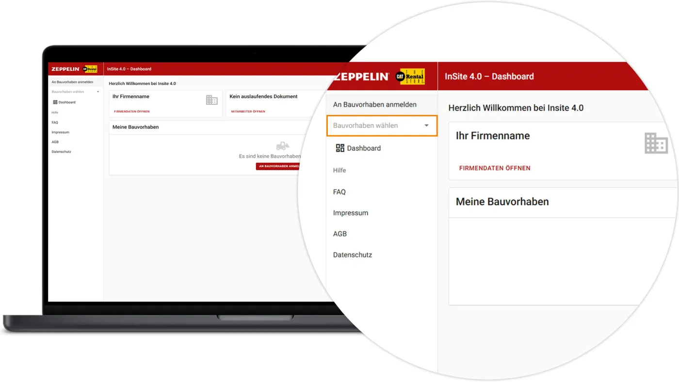 InSite Mitarbeiter am Bauvorhaben anmelden - Bauvorhaben wählen