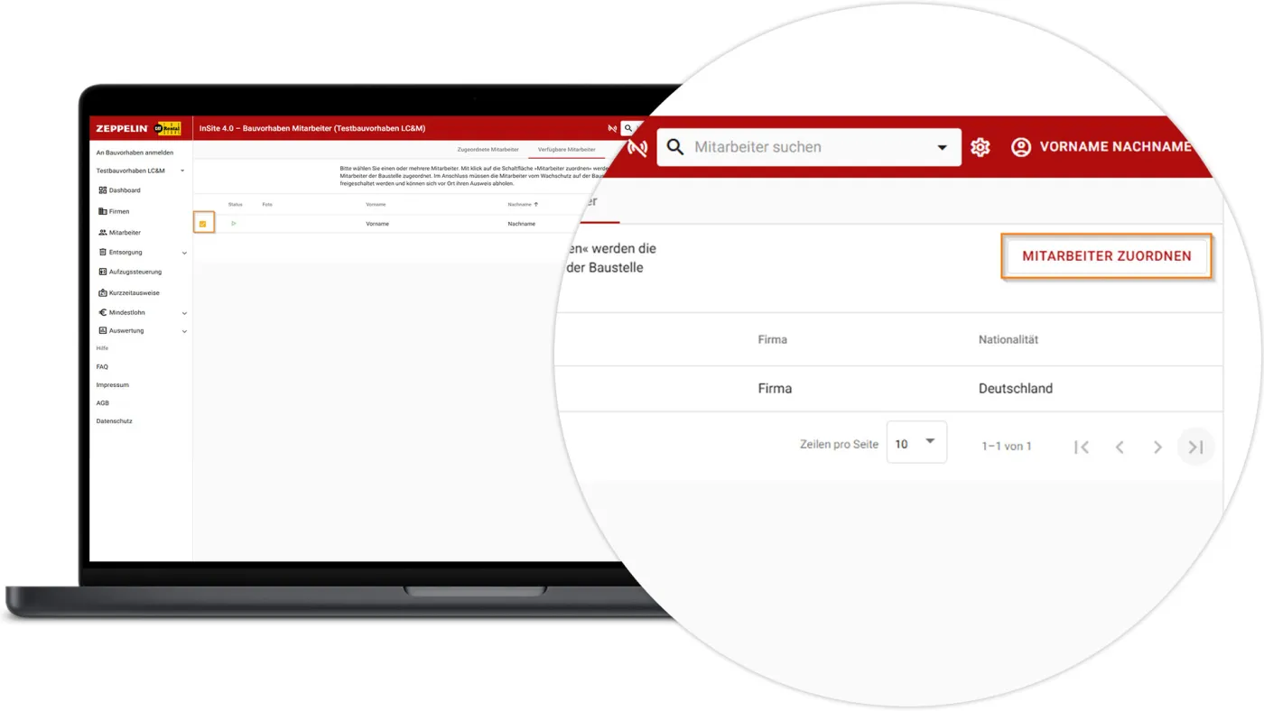 InSite Mitarbeiter am Bauvorhaben anmelden - Mitarbeiter zuordnen