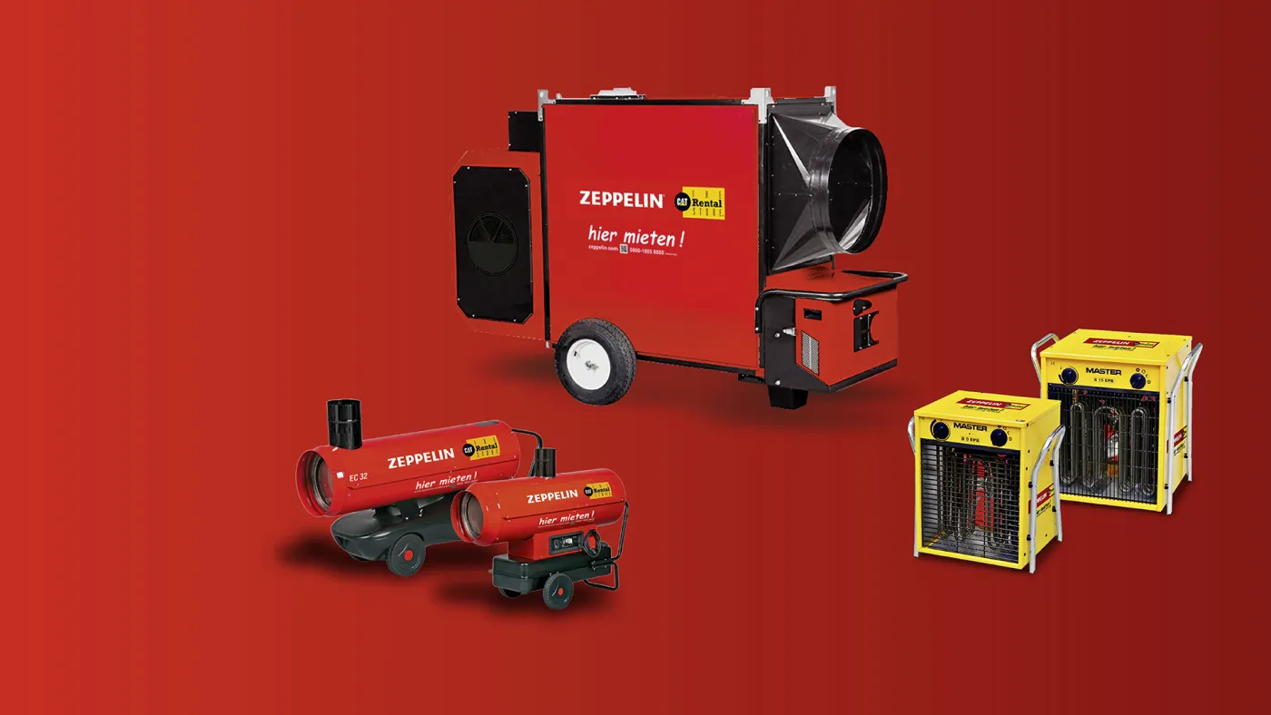 Mobile Heizgeräte von Zeppelin Rental, darunter Warmluftheizer, Heizkanonen und Elektroheizer