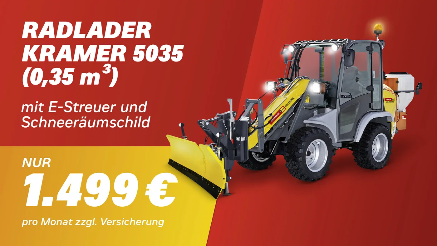 Winterdienst-Set aus Kramer 5035, E-Streuer und Schneeräumschild 
