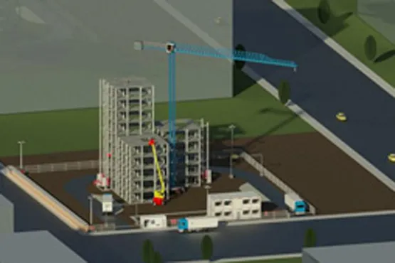 3D-Modell einer Baustelle mit Hochbau, Kran, Baumaschinen und digitaler Baustelleninfrastruktur in BIM-Darstellung